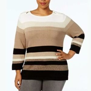 Karen Scott  Striped Zip-Shoulder Khaki Combo